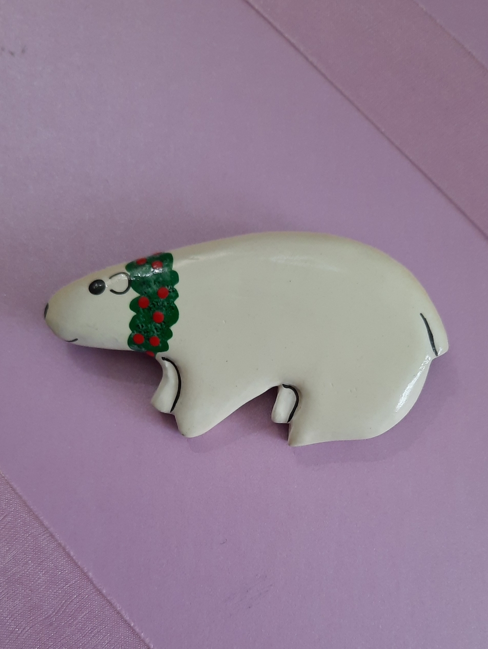 Hand-made Polar Bear with Green Wreath Brooch